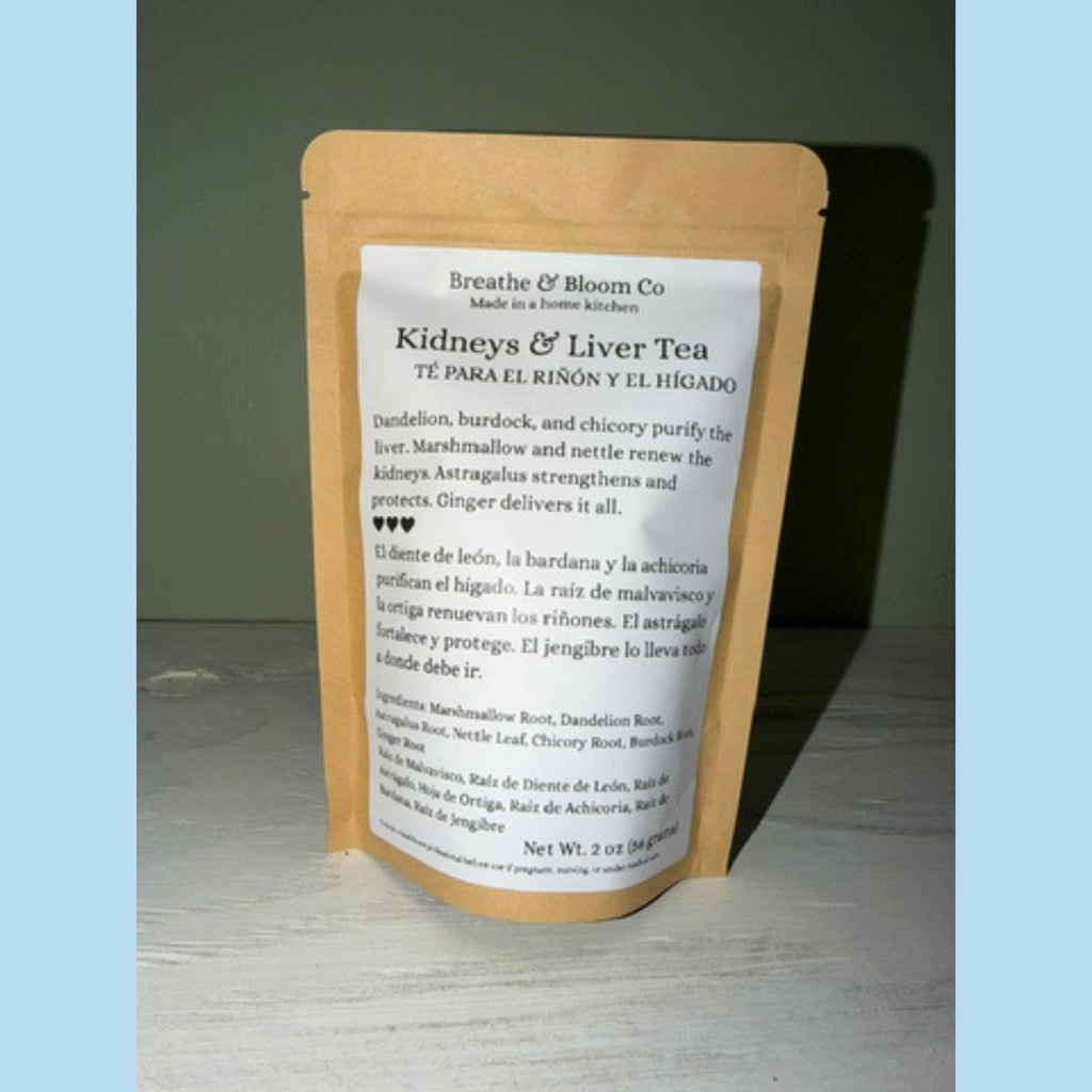 Front bilingual packaging label for Breathe & Bloom Co. loose leaf herbal tea