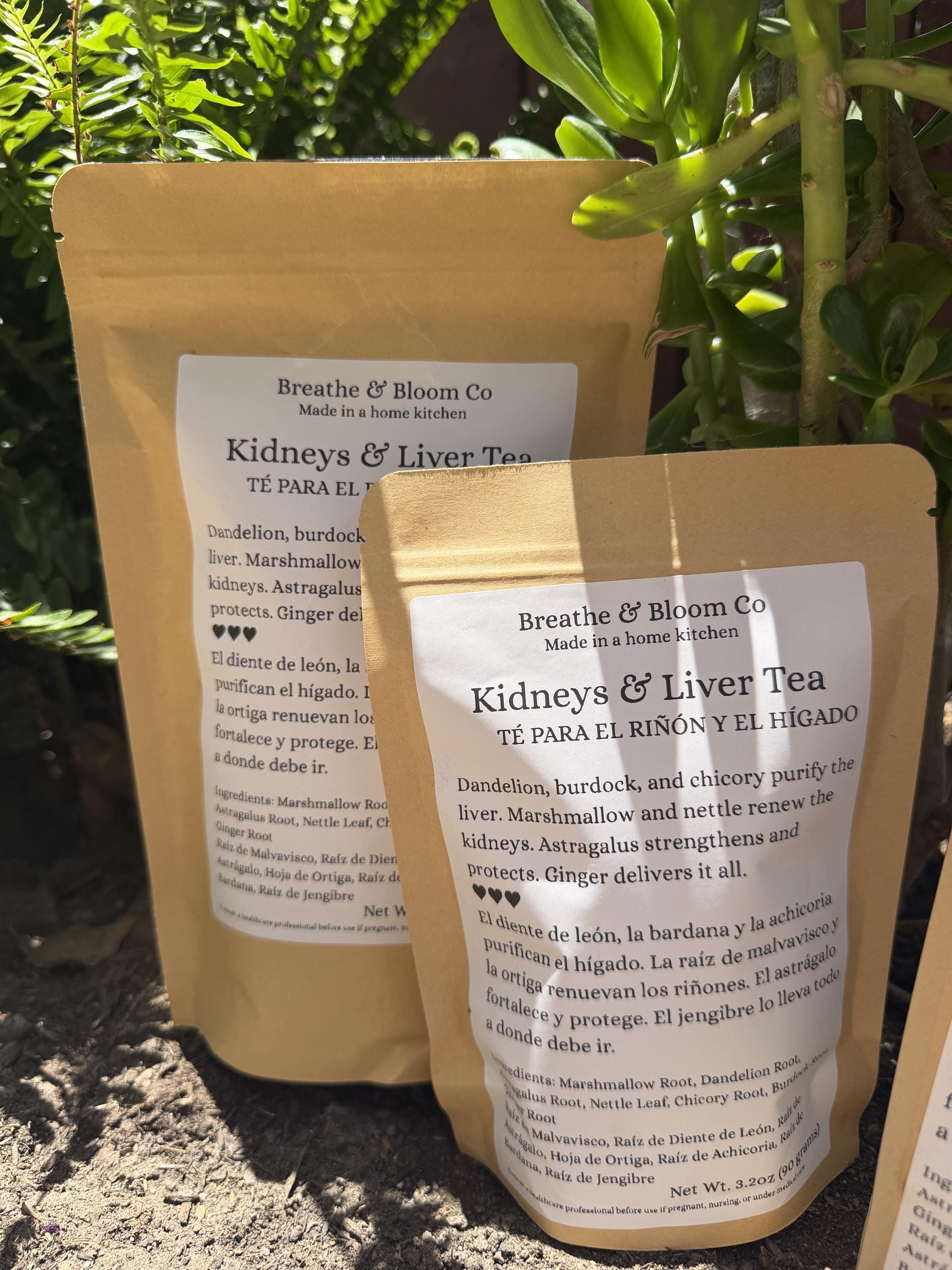 Root & Renew herbal tea pouches photographed together in a natural setting