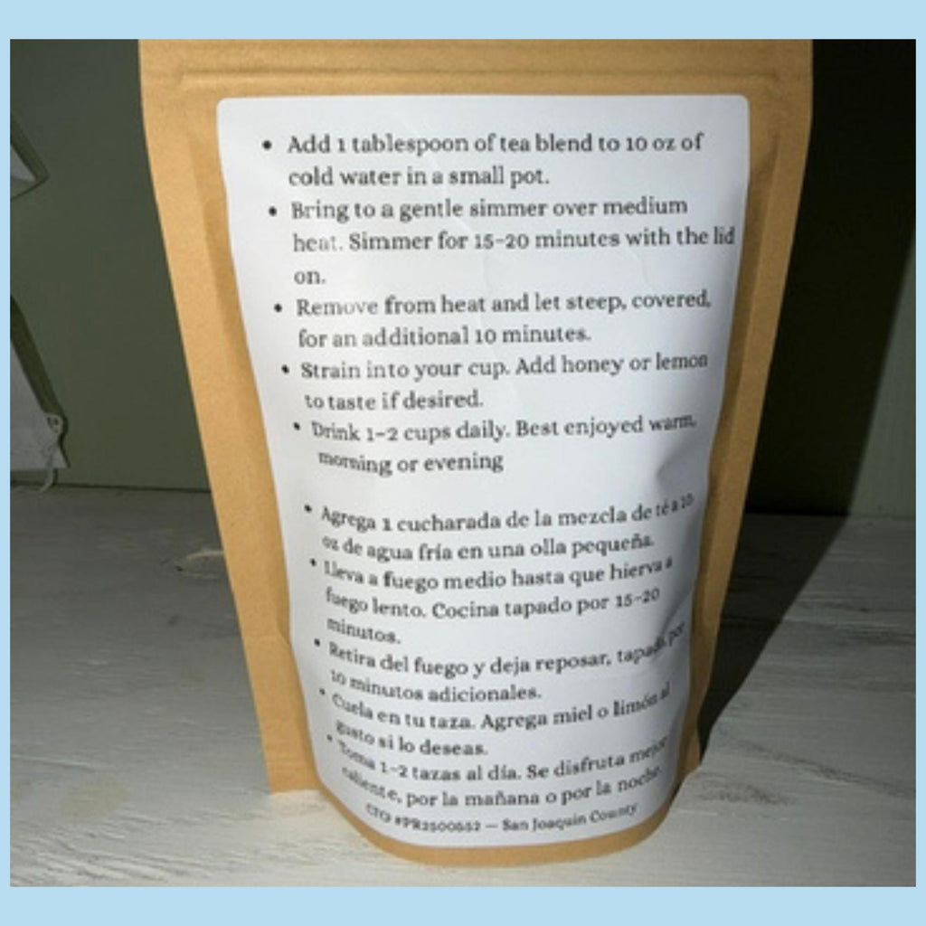 Back of herbal tea pouch showing ingredients and stovetop brewing directions