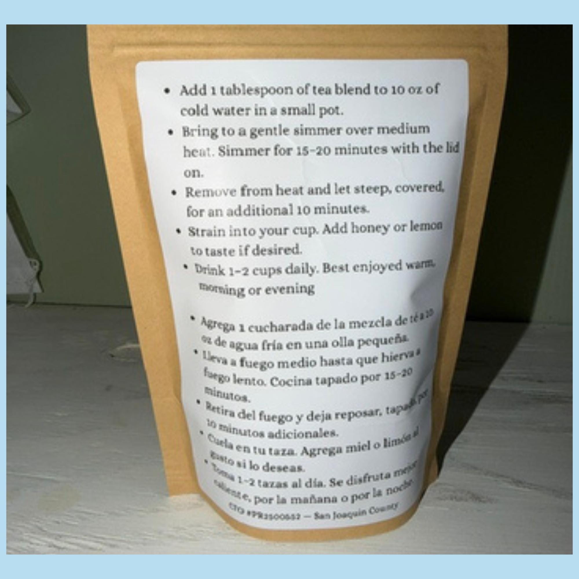 Back of herbal tea pouch showing ingredients and stovetop brewing directions